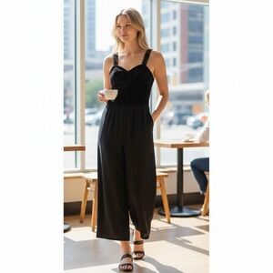 B•O•G Collective Jumpsuit Women XL Black Velvet Floral Lace Sweetheart Neck
